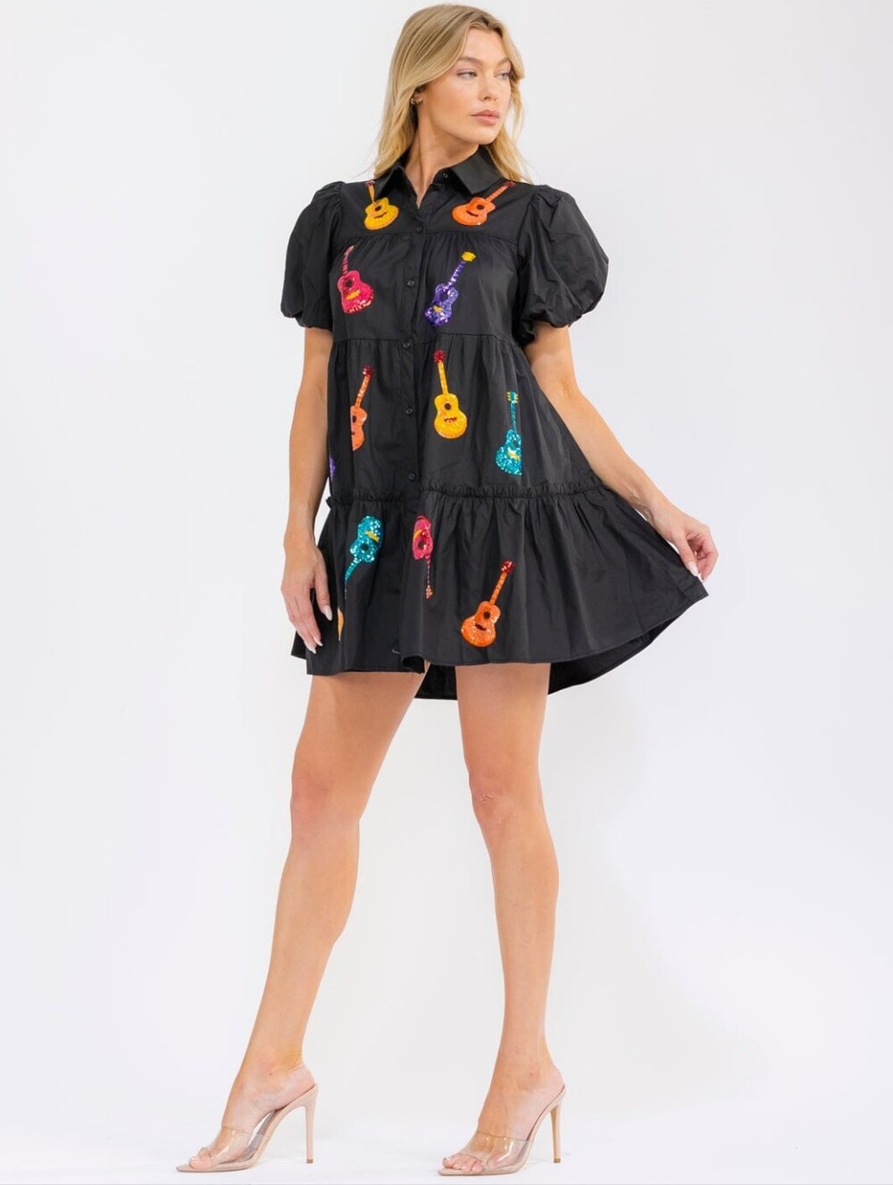 Black Mini Dress with Colorful Guitar Embroidery